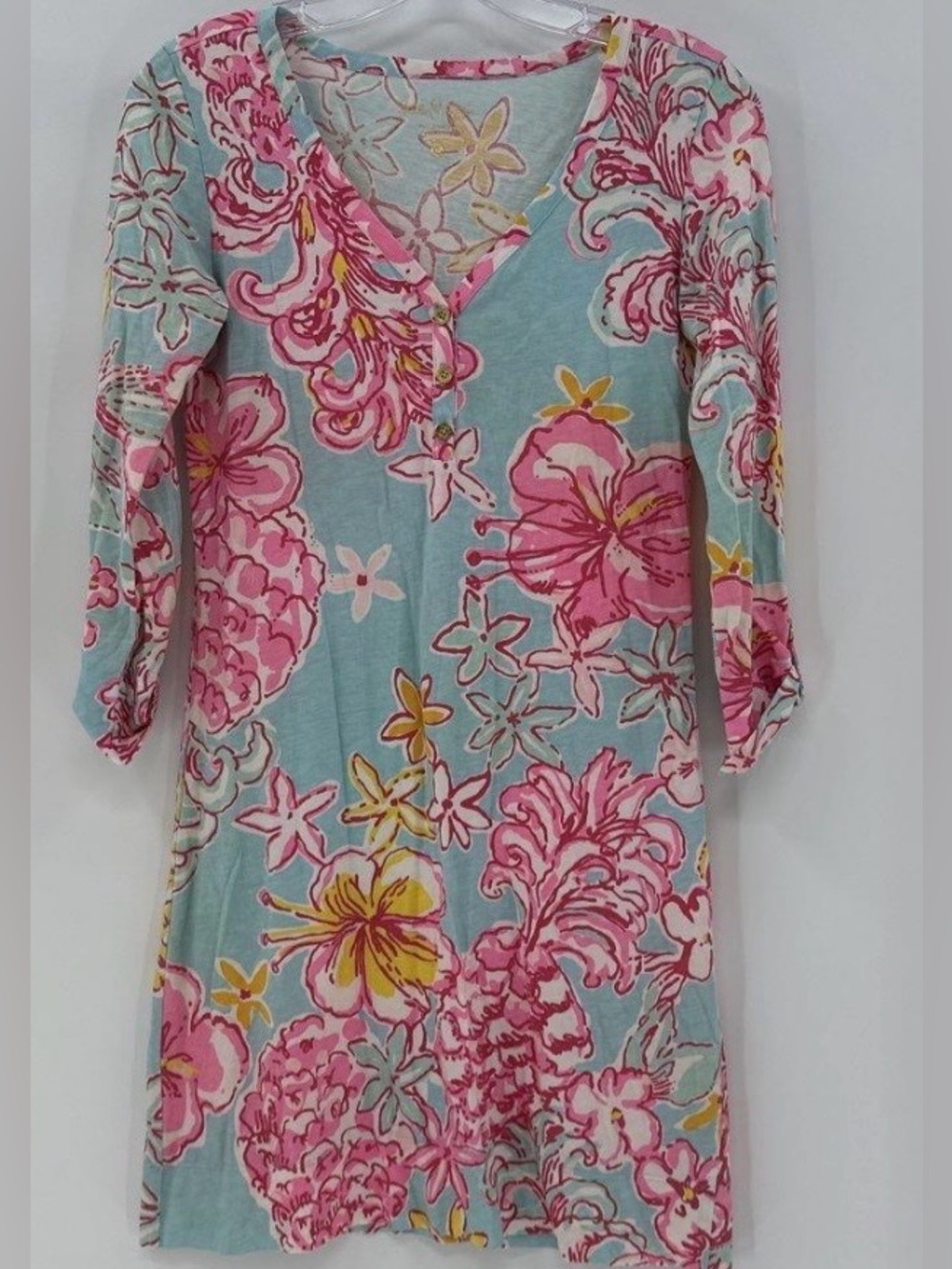 Lilly Pulitzer Sz XS V-Neck Midi Dress in Aqua and Pink